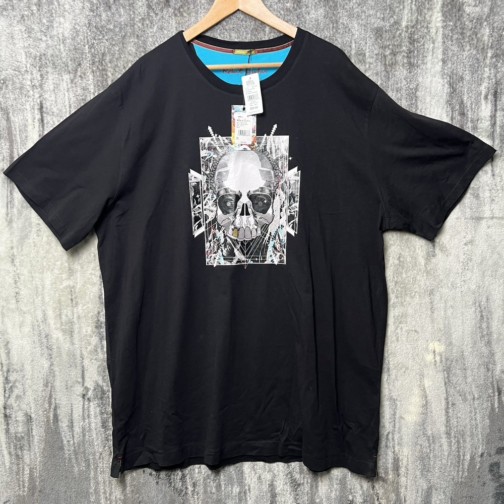 NWT Robert Graham Shirt Mens 2XL Black Pullover Crew Graphic Skull